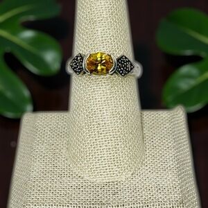 Beautiful Sterling Silver and Citrine With Marcasites Ring Art Deco Inspired
